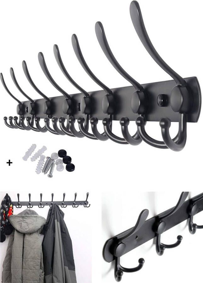 Hoexs Kapstok Zwart 8 x 3 haken 75cm Wandkapstok Muur Kapstok Hangende Design Handdoekrek Mat inclusief bevestigingsmaterialen - Foto 2