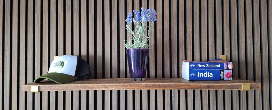 Absteigerhout Hoexs Mango 70 cm Inclusief Plankdragers Goud Boekenplank Boekenrek Wandplank Inclusief Bevestigingsmateriaal Industrieel