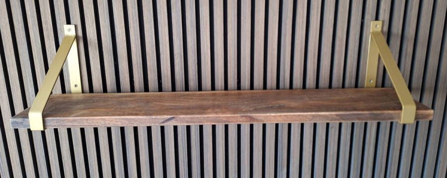 Absteigerhout Hoexs Mango 80 cm Inclusief Plankdragers Goud Boekenplank Boekenrek Wandplank Inclusief Bevestigingsmateriaal Industrieel
