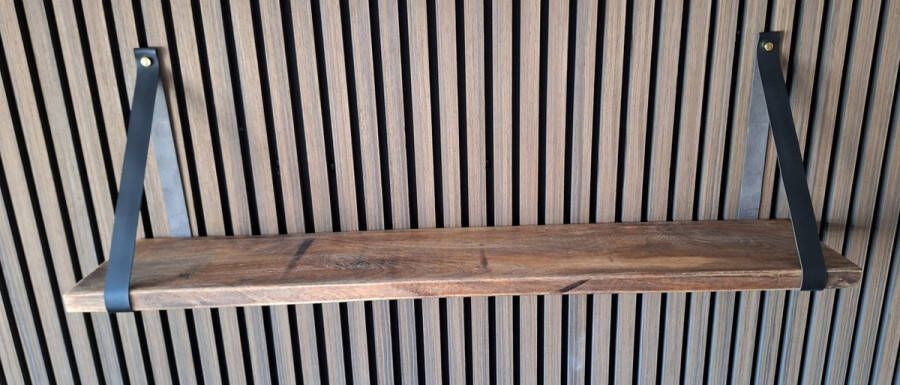 Absteigerhout Hoexs Mango Hout 80 cm Leren Plankdragers Zwart Vintage Wandplank