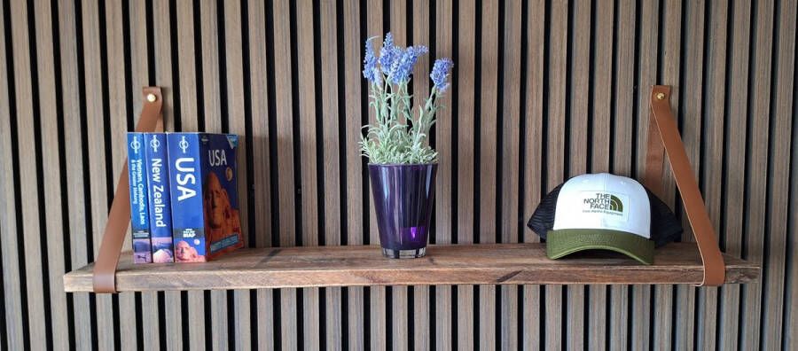 Absteigerhout Hoexs Mango Hout 90 cm Leren Plankdragers Cognac Vintage Wandplank