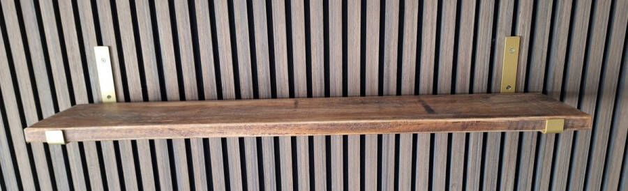 Absteigerhout Hoexs Mangohout 80 cm Inclusief Metalen Plankdragers Goud Industrieel Wandplank Decoratie Keukenplank