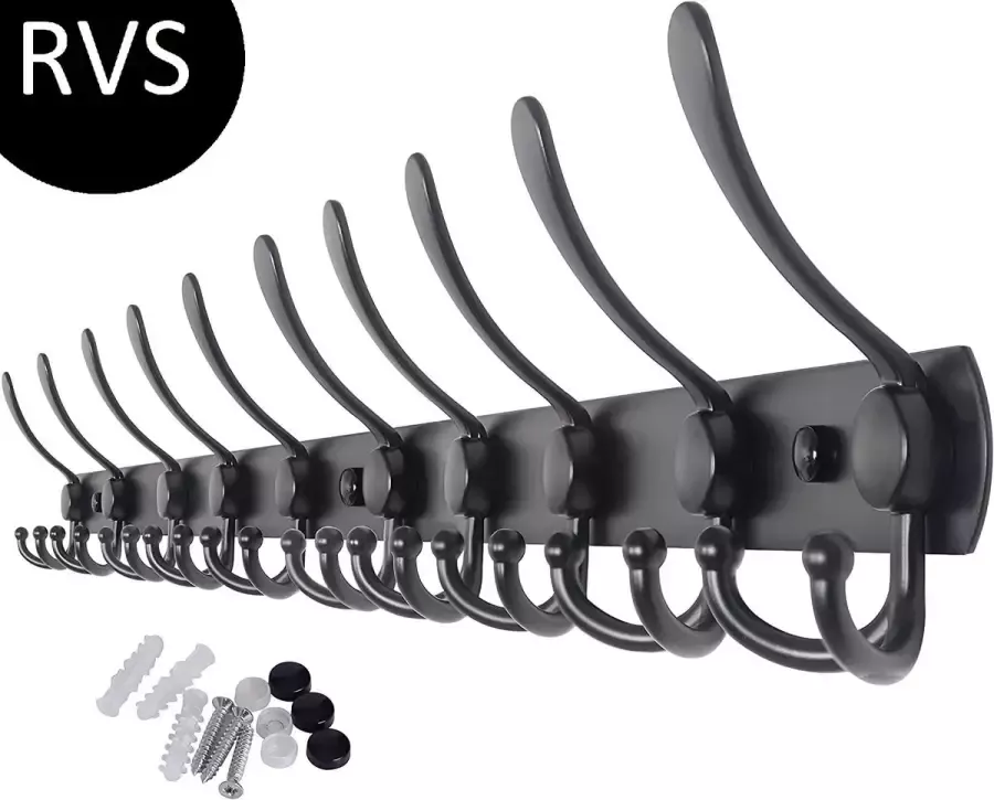 Absteigerhout Wandkapstok 30 haken 96cm Inclusief bevestigingsmateriaal Kapstokken RVS Muur Wand Kapstok Hangende Design Muurkapstok Handdoekrek Mat Zwart Metaal - Foto 2