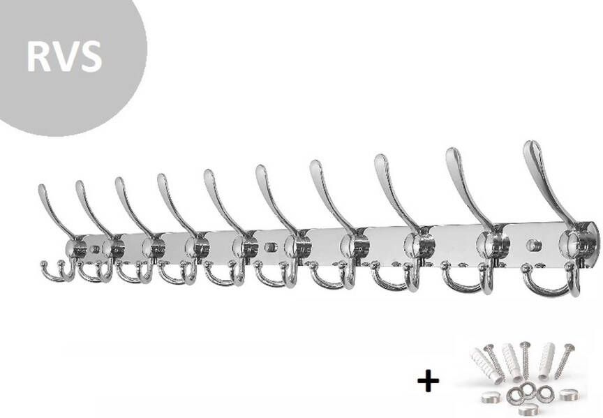 Absteigerhout Wandkapstok 30 haken RVS 96cm Inclusief bevestigingsmateriaal Kapstokken Muur Wand Kapstok Hangende Design Muurkapstok Handdoekrek Zilver Metaal - Foto 2