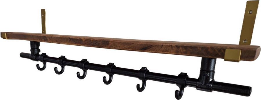 Absteigerhout Hoexs Wandkapstok Industrieel Kapstok met Bovenplank Mangohout 90 Cm 6 Haken Metalen plankdragers Goud Decoratie Inclusief Bevestiginsmateriaal