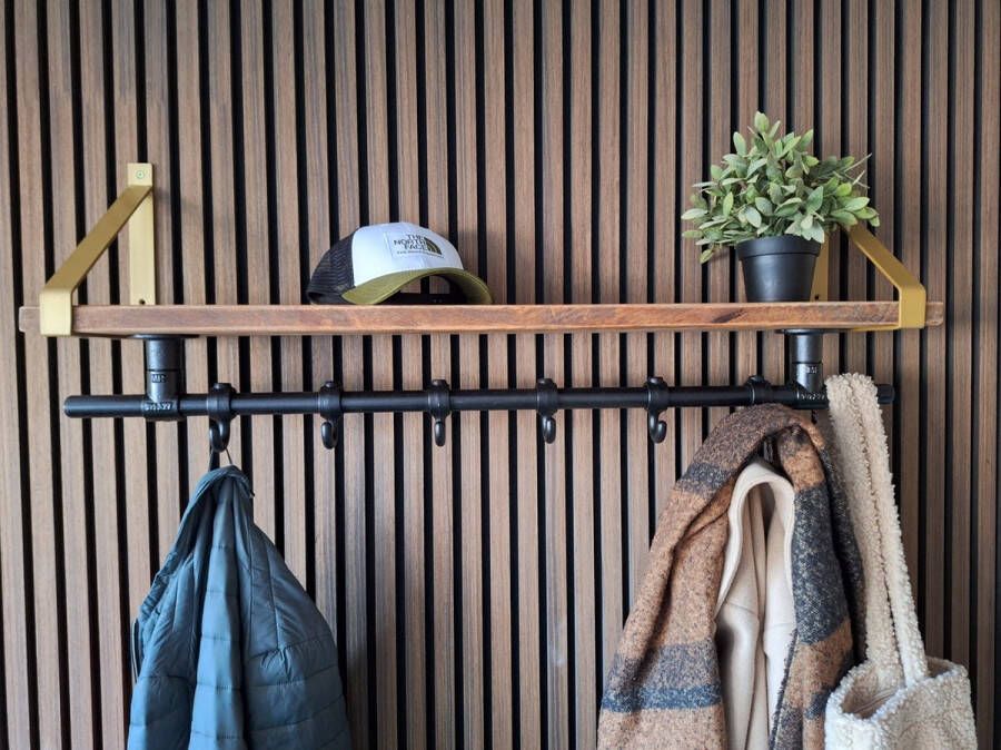 Absteigerhout Hoexs Wandkapstok Industrieel Kapstok met Bovenplank Mangohout 90 Cm 6 Haken Metalen plankdragers Goud Decoratie Inclusief Bevestiginsmateriaal