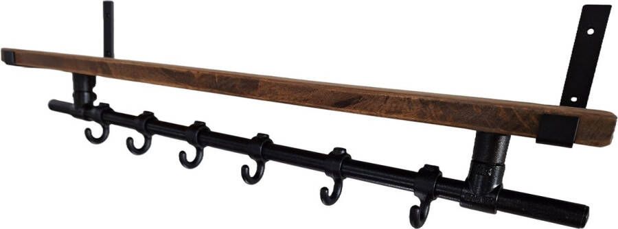 Absteigerhout Hoexs Wandkapstok Industrieel Kapstok met Bovenplank Mangohout 90 Cm 6 Haken Metalen plankdragers Zwart Decoratie Inclusief Bevestiginsmateriaal