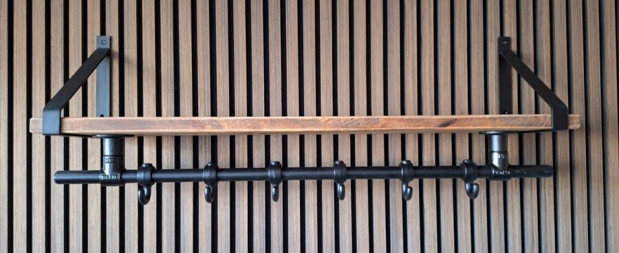 Absteigerhout Hoexs Wandkapstok Industrieel Kapstok met Bovenplank Mangohout 90 Cm 6 Haken Metalen plankdragers Zwart Decoratie Inclusief Bevestiginsmateriaal