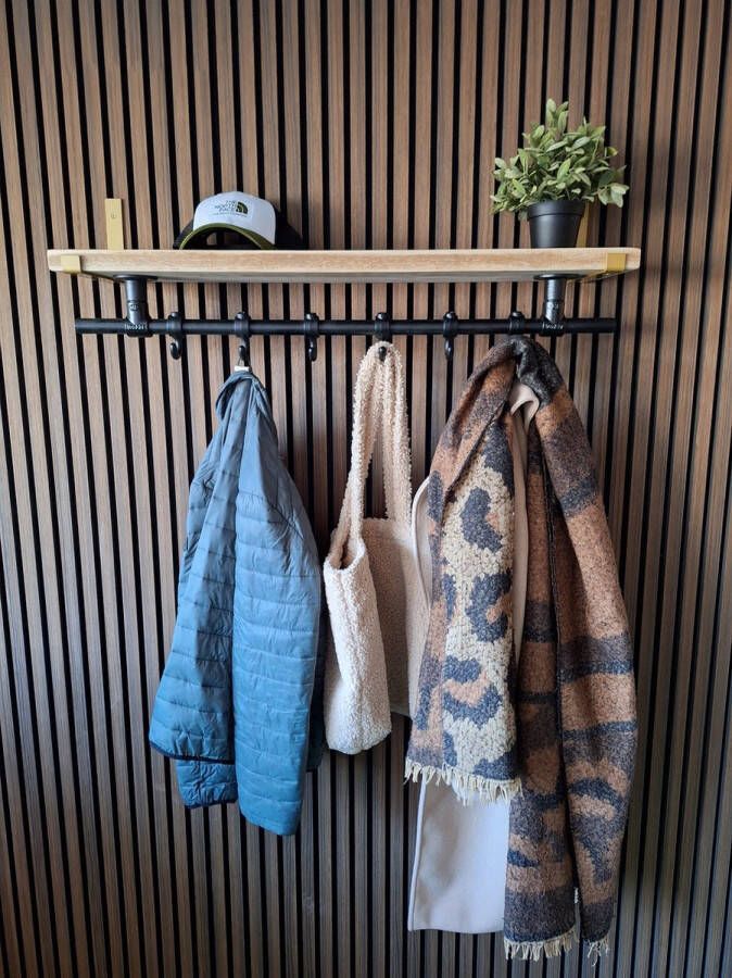 Absteigerhout Hoexs Wandkapstok Industrieel Kapstok met Bovenplank Steigerhout 90 Cm 6 Haken Metalen plankdragers Goud Decoratie Inclusief Bevestiginsmateriaal - Foto 2
