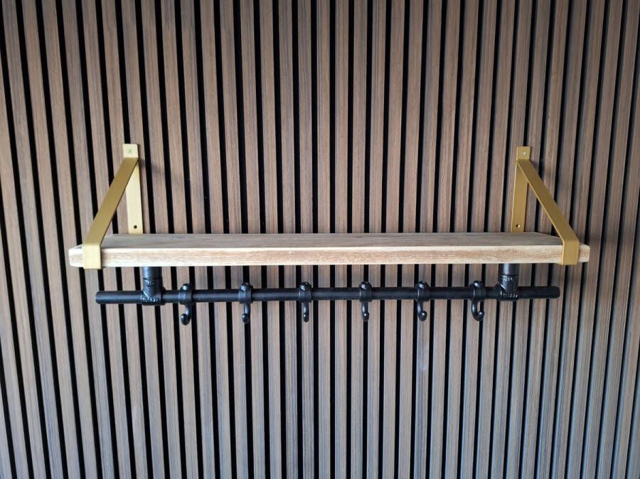 Absteigerhout Hoexs Wandkapstok Industrieel Kapstok met Bovenplank Steigerhout 90 Cm 6 Haken Metalen plankdragers Goud Decoratie Inclusief Bevestiginsmateriaal - Foto 2