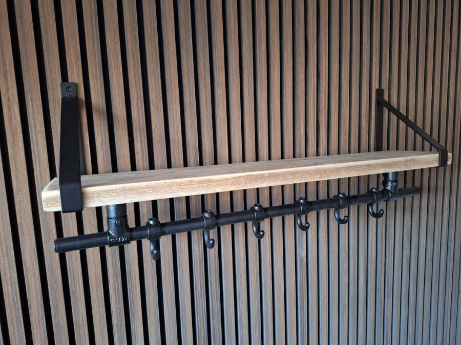 Absteigerhout Hoexs Wandkapstok Industrieel Kapstok met Bovenplank Steigerhout 90 Cm 6 Haken Metalen plankdragers Zwart Decoratie Kapstokken Inclusief Bevestigingsmateriaal - Foto 2
