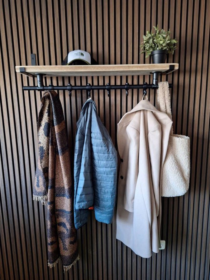 Absteigerhout Hoexs Wandkapstok Industrieel Kapstok met Bovenplank Steigerhout 90 Cm 6 Haken Metalen plankdragers Zwart Decoratie Inclusief Bevestiginsmateriaal - Foto 2