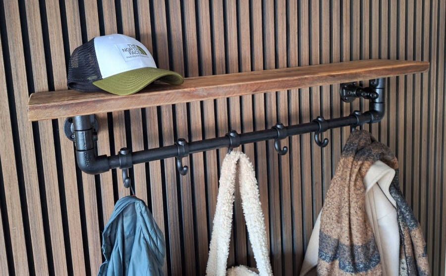 Absteigerhout Hoexs Wandkapstok Industrieel Kapstop met Bovenplank Mangohout Zwart 70 Cm 6 Haken Decoratie Inclusief Bevestigingsmateriaal