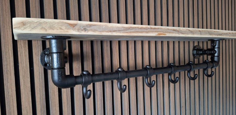 Absteigerhout Hoexs Wandkapstok Industrieel Kapstop met Bovenplank Steigerhout Zwart 90 Cm 6 Haken Decoratie Inclusief Bevestigingsmateriaal