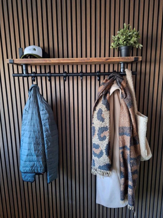 Absteigerhout Hoexs Wandkapstok Industrieel Mangohout Kapstop met Bovenplank Stalen Plankdragers Zwart- 70 Cm 6 Haken Inclusief Bevestigingsmateriaal Decoratie