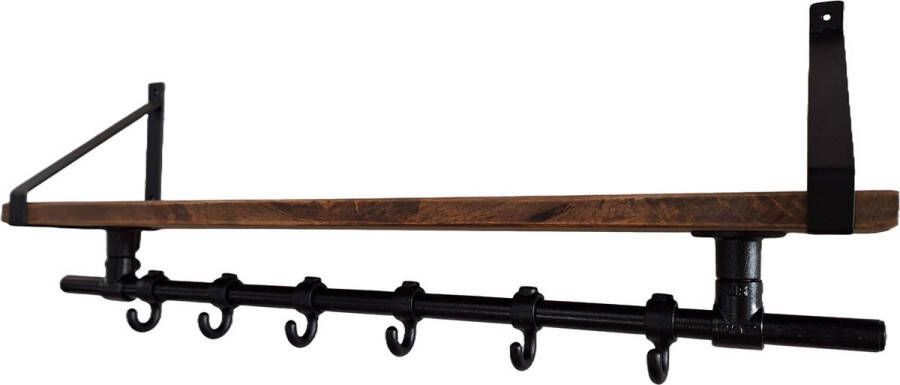 Absteigerhout Hoexs Wandkapstok Industrieel Mangohout Kapstop met Bovenplank Stalen Plankdragers Zwart- 70 Cm 6 Haken Inclusief Bevestigingsmateriaal Decoratie