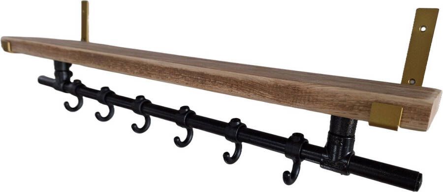 Absteigerhout Hoexs Wandkapstok Industrieel Steigerhout Kapstop met Bovenplank Stalen Plankdragers Goud 70 Cm 6 Haken Inclusief Bevestigingsmateriaal Decoratie