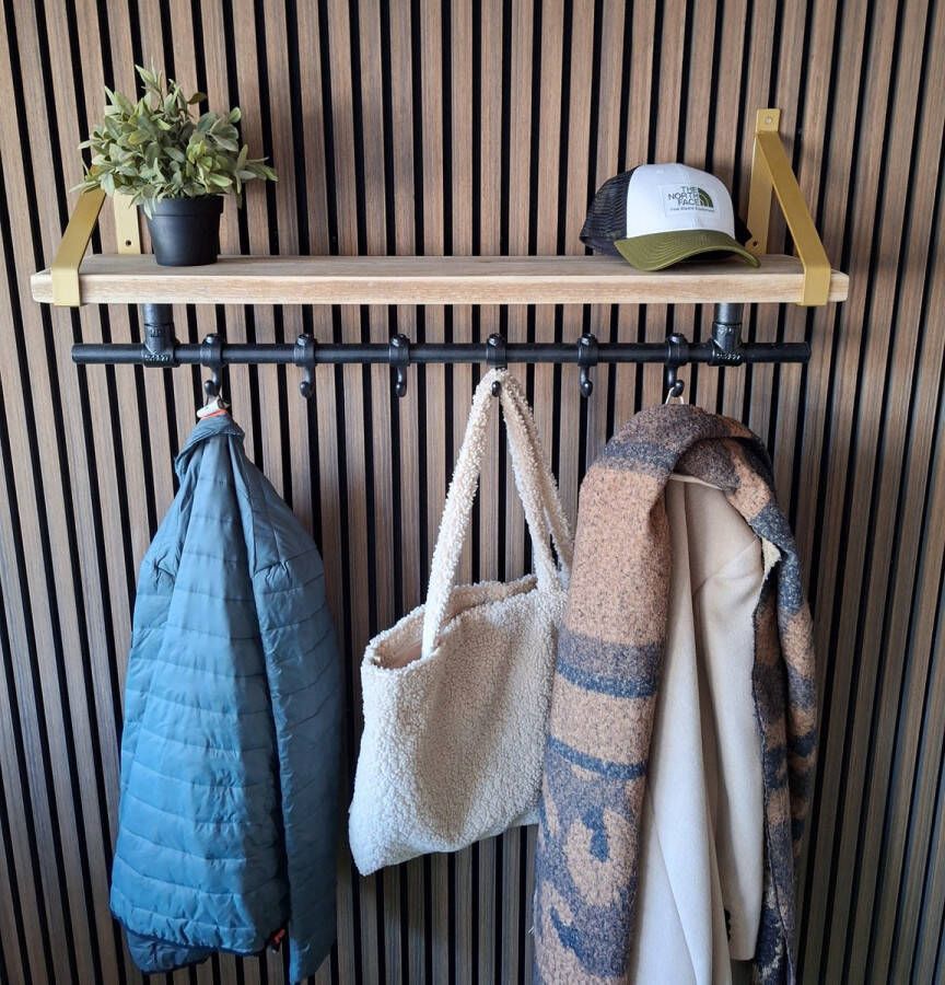 Absteigerhout Hoexs Wandkapstok Industrieel Steigerhout Kapstop met Bovenplank Stalen Plankdragers Goud- 70 Cm 6 Haken Inclusief Bevestigingsmateriaal Decoratie - Foto 2