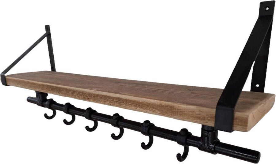 Absteigerhout Hoexs Wandkapstok Industrieel Steigerhout Kapstop met Bovenplank Stalen Plankdragers Zwart- 70 Cm 6 Haken Inclusief Bevestigingsmateriaal Decoratie - Foto 3