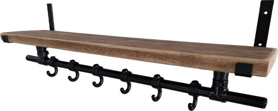 Absteigerhout Hoexs Wandkapstok Industrieel Steigerhout Kapstop met Bovenplank Stalen Plankdragers Zwart- 70 Cm 6 Haken Inclusief Bevestigingsmateriaal Decoratie