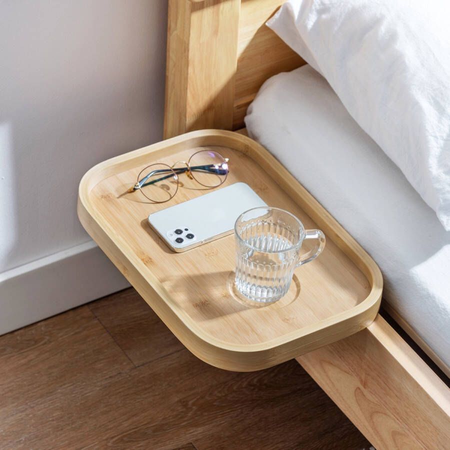 HollyHOME Bedplank Nachtkastje Zwevend Bamboe Ronde Hoek Clip-on Hangende Tafel voor Slaapzaal Bed Stoel Natuurlijk