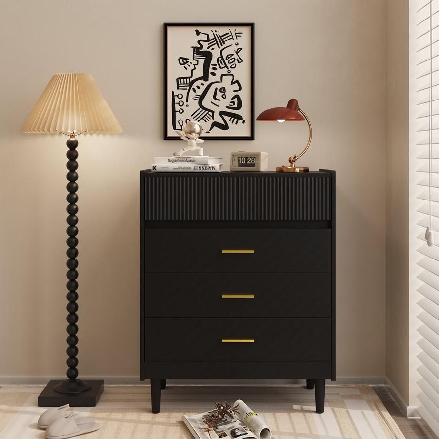 HOMAVO Ladekast DG2 – 5 Lades – 90 cm Hoog – Golflade Design – Wit Zwart – Modern Dressoir