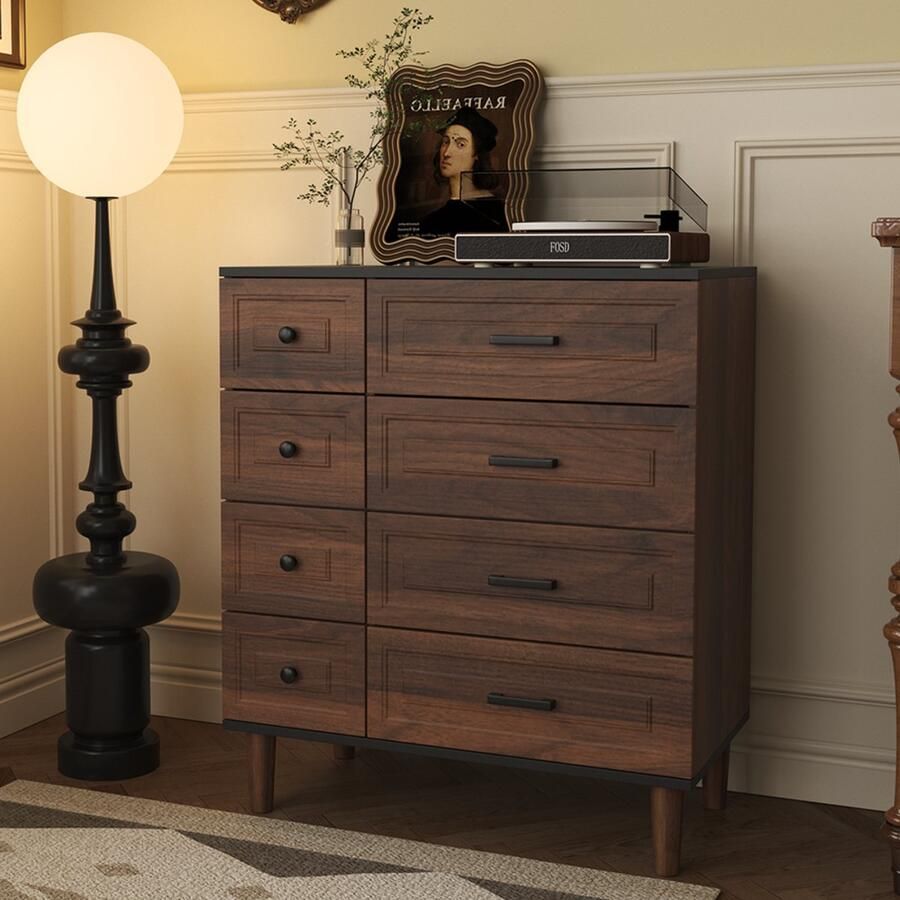 HOMAVO Ladekast DG3 – 8 Lades – 75x87x40 cm – Staand Dressoir – Mat Wit Zwart Walnoot – Modern Design