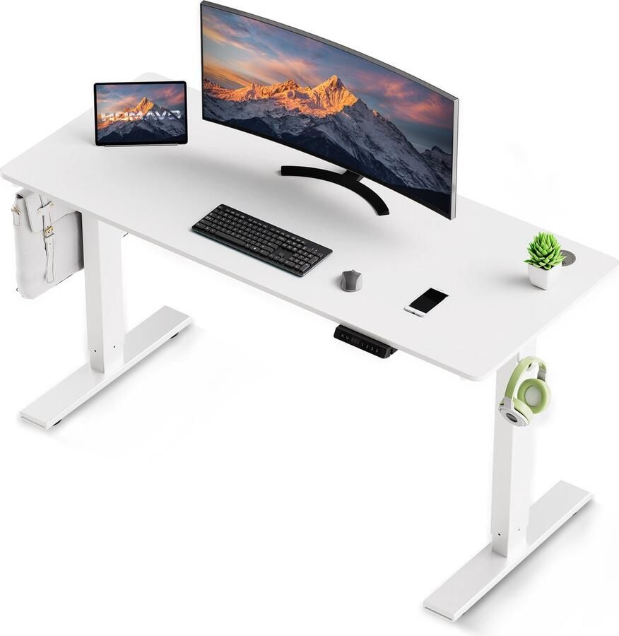 HOMAVO Zit-sta bureau 110 x 60 cm Elektrisch in hoogte verstelbaar bureau met geheugenfunctie en anti-botsingstechnologie Stevig en Duurzaam Stille Motor Hoogte 70-117cm Wit - Foto 2
