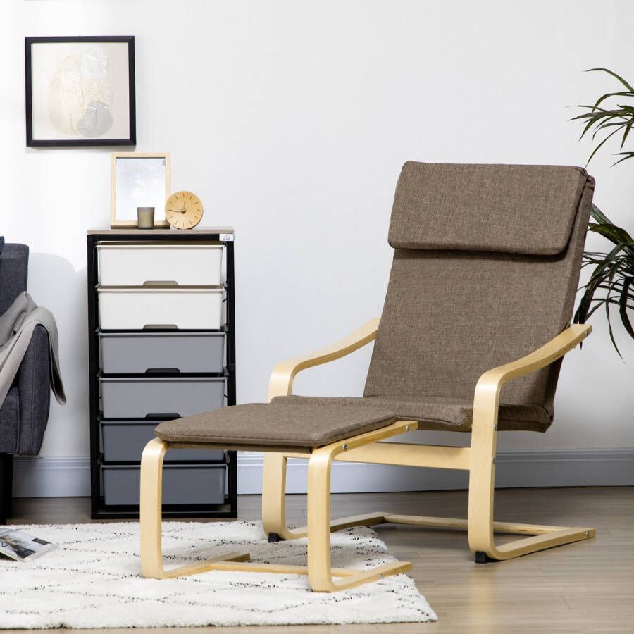 Homcom Fauteuil met voetenbank fauteuilset linnenlook massief hout bruin + naturel