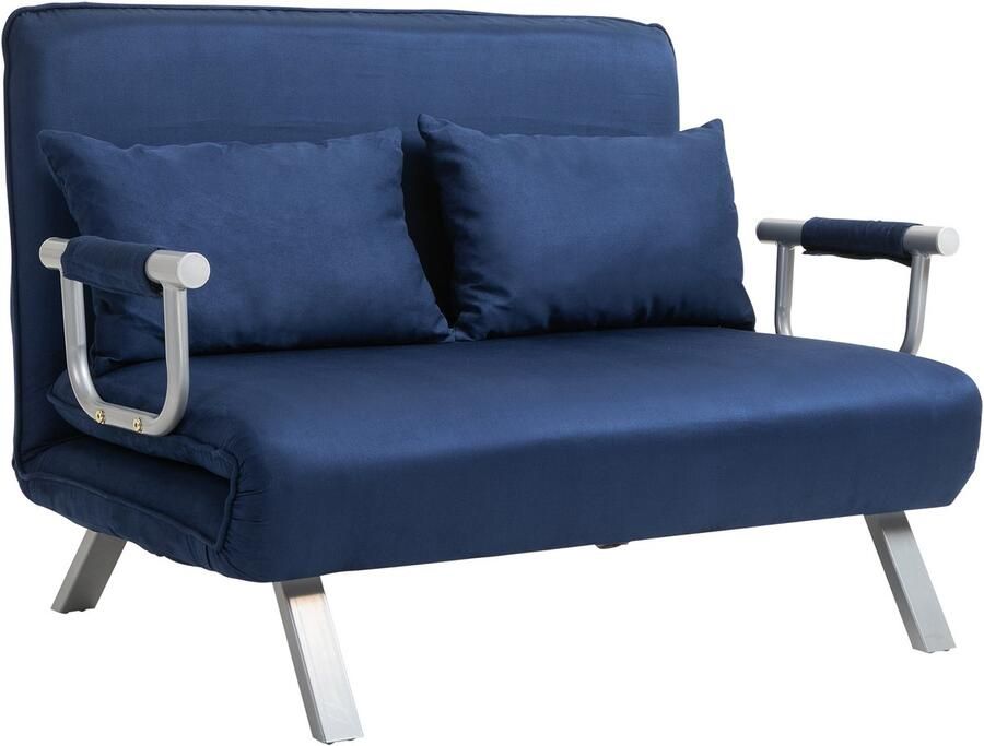 Homcom Sofa Bed Sofa Bed met verstelbare rugleuning kussens 2-zitplaatsen bank met slaapfunctie fluwelen look armleuning bank voor woonkamer slaapkamer blauw