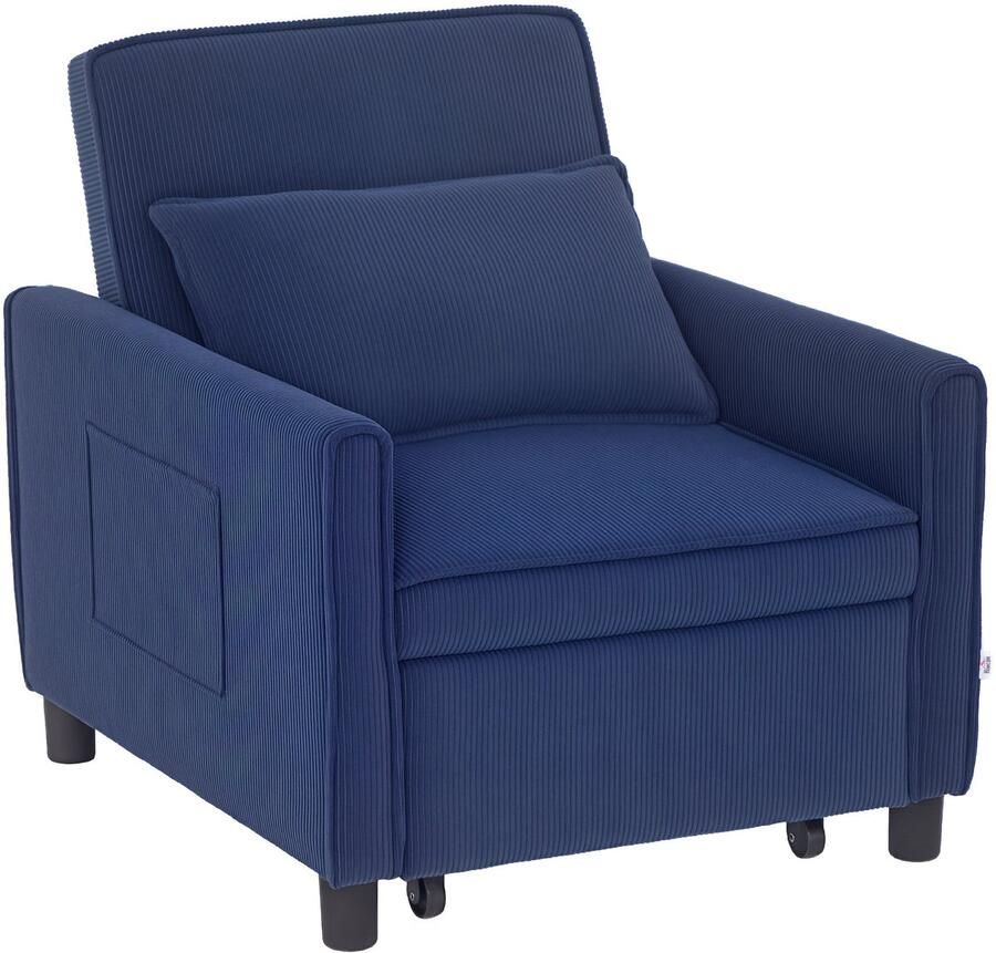 Homcom 3-in-1 slapende fauteuil vouwbed met bedfunctie lumbale kussen opvouwbare ligstoel met verstelbare rugleuning rol zijzak voor woonkamer koord blauw