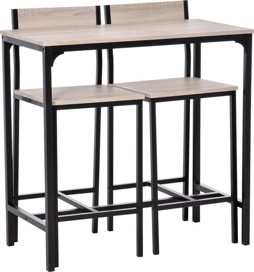 Homcom Bartafel met 2 stoelen 3-delige tafelset barstoel barkruk MDF naturel zwart 835-135 - Foto 4