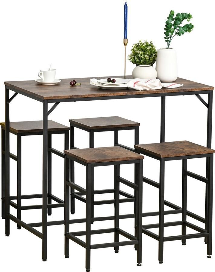 Homcom Bartafelset Bartafel met 4 barkrukken 5-delige placemat staal bruin 835-337 - Foto 2