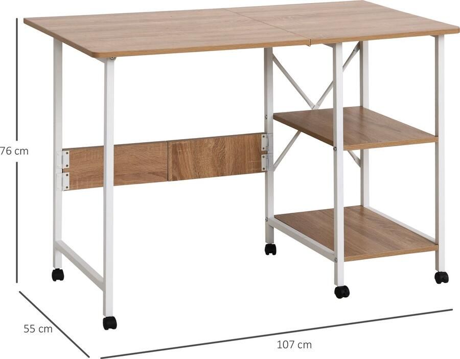 Homcom Klaptafel tafel bureau kantoortafel met wielen computertafel mobiel MDF natuur 836-194 - Foto 2