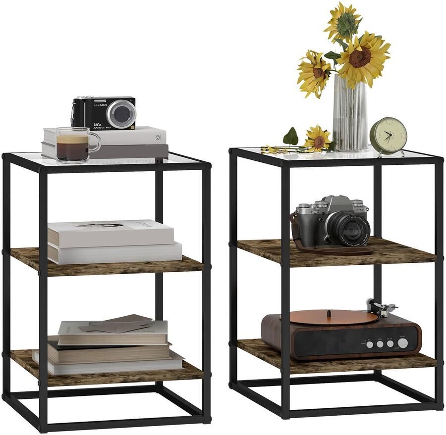 Homcom bijzettafel set glas spaanplaat rustiek bruin