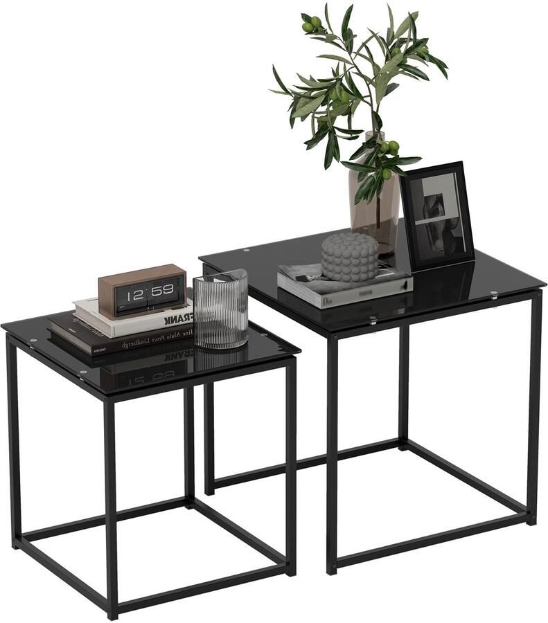 Homcom bijzettafel set staal glas 50L x 50B x 52H cm zwart