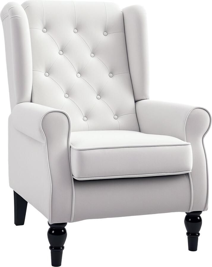 Homcom Eenpersoons Relaxstoel met Oorfauteuil Accentstoel met Knopen Houten Poten Polyester Crèmekleurig 74 x 86 x 102 cm