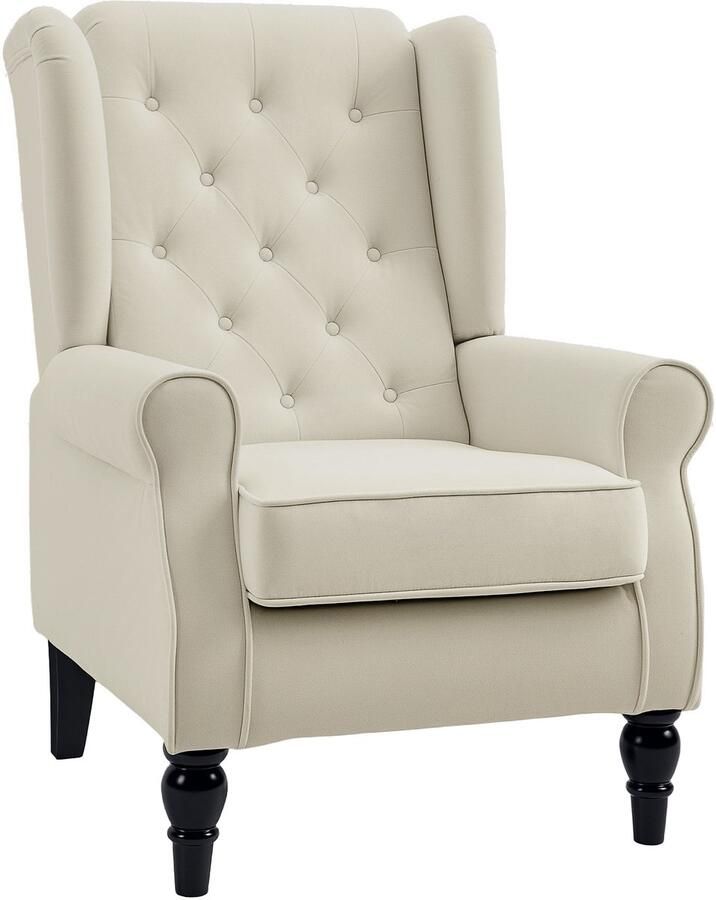 Homcom Eenpersoons Relaxstoel met Oorfauteuil Accentstoel met Knopen Houten Poten Polyester Crèmekleurig 74 x 86 x 102 cm