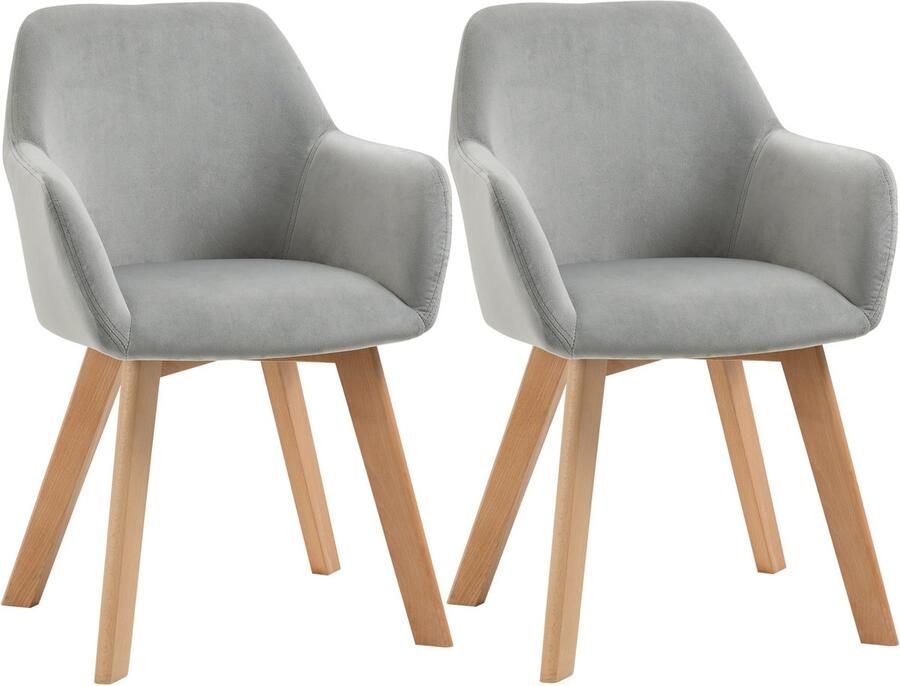Ulife Eetkamerstoelen set van 2 keukenstoelen met armleuningen en rugleuning fluwelen bekleding houten poten grijs