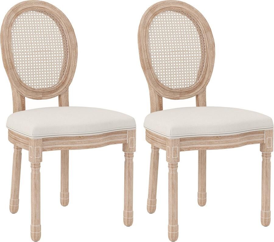 Ulife Eetkamerstoelen set van 2 keukenstoelen met rugleuning linnen & rotan look houten poten crèmewit