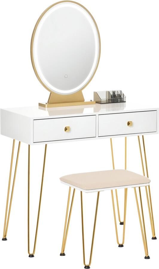 Homcom -Schminktisch-Set-MDF Glas Stahl Schaumstoff-80B x 40T x 136H cm-Weiß+Gold+Creme