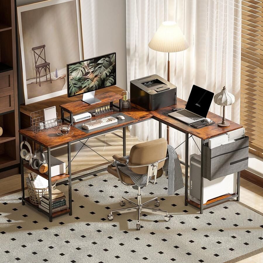 Homcom L-Vormig Bureau Spaanplaat Staal Rustiek Bruin