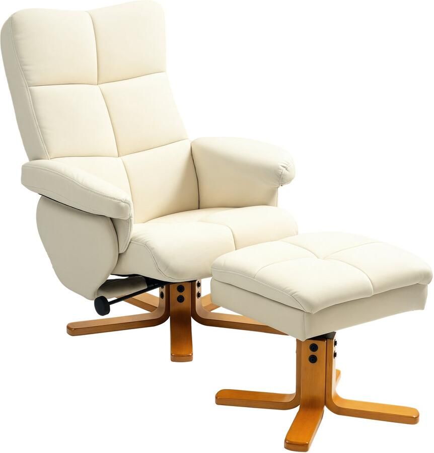 Homcom -Relaxsessel mit Hocker-Holz Kunstleder-B80 x T86 x H99cm-Cremeweiß