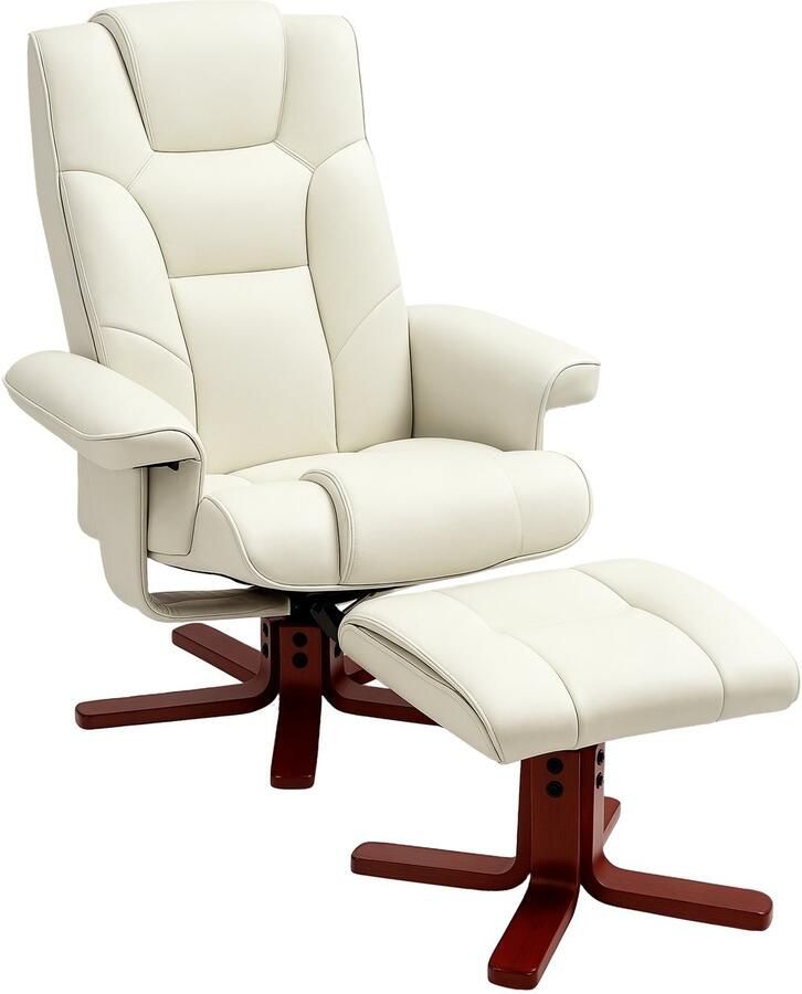 Homcom -Relaxsessel mit Hocker-Kunstleder Holz-84B x 84T x 104H cm-Cremeweiß