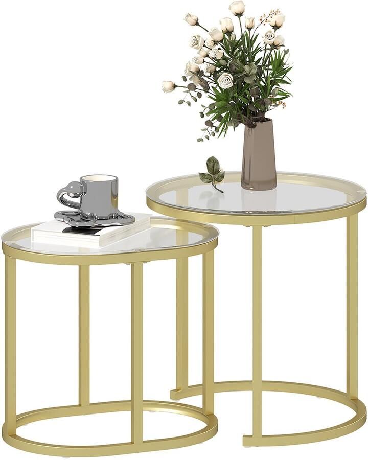 Homcom salontafel set van 2 staal gehard glas goud