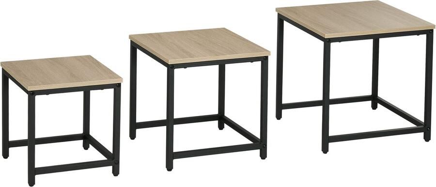 Homcom salontafel set van 3 bijzettafels staal natuurlijk hout