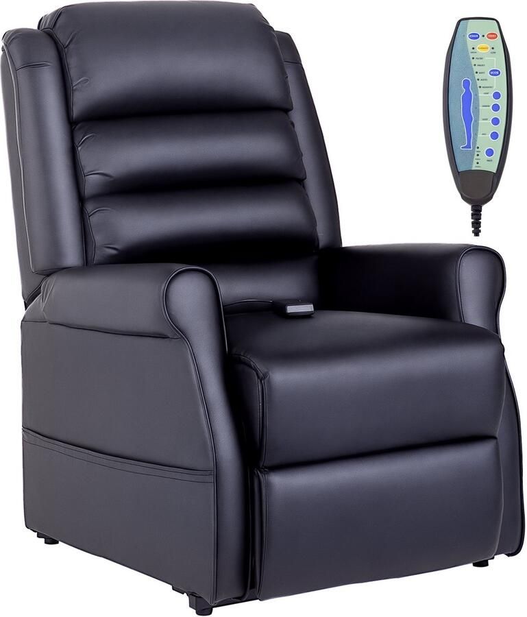 Homcom Stoel met opsta-hulp massagestoel met ligfunctie relaxstoel met USB-aansluiting opsta-stoel met afstandsbediening verwarmingsfunctie gemaakt van kunstleer zwart