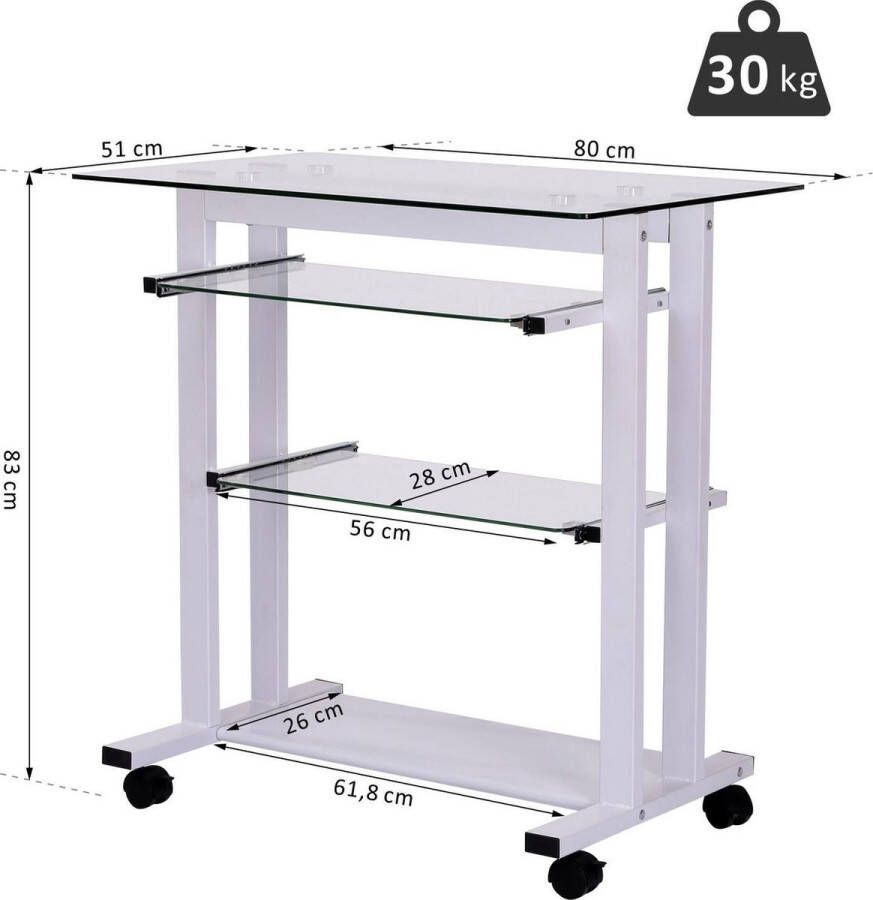 HOMdotCOM Computertafel bureau ijzer hardglas wit 80 x 51 x 83cm - Foto 2