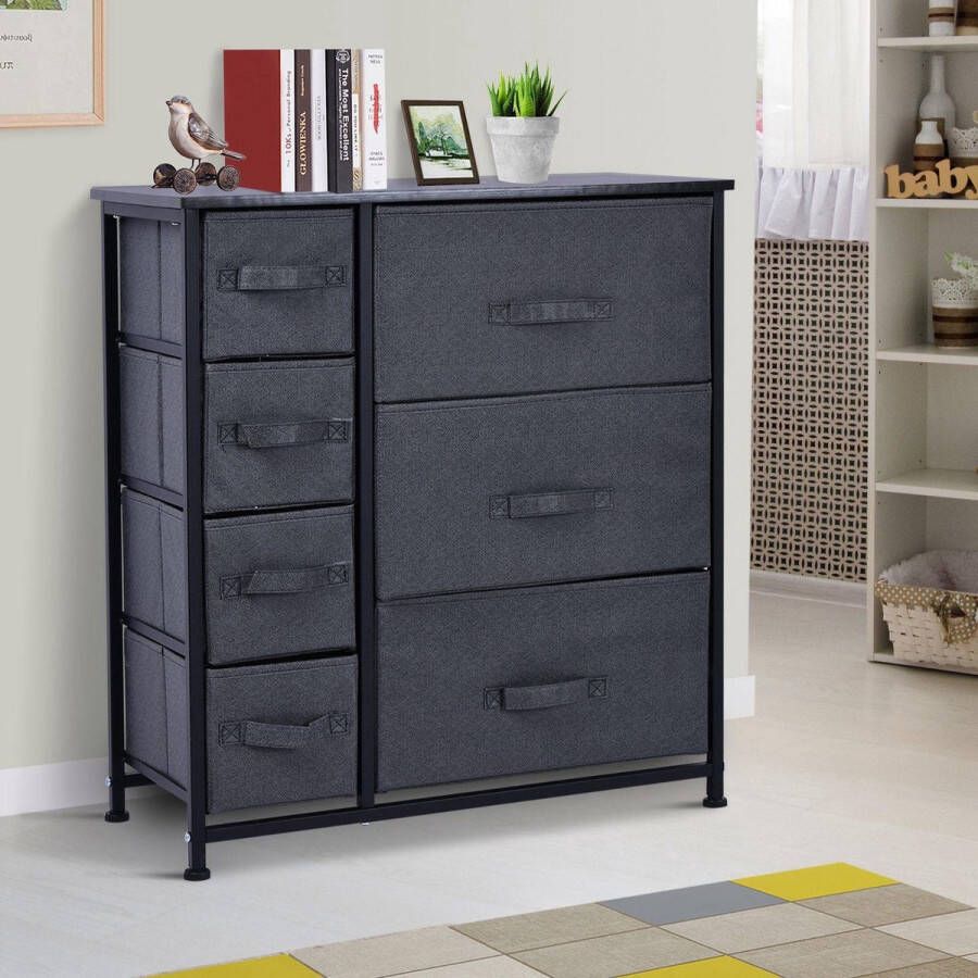 Homcom Ladenkast met 7 opvouwbare stoffen laden en metalen frame antraciet 63 5 x 30 x 71 cm
