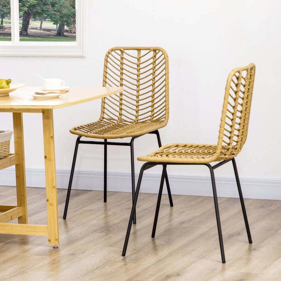 Homcom Set van 2 eetkamerstoelen in boho-stijl accentstoel PE-rotan 44 cm x 58 cm x 85 cm Natural+ zwart